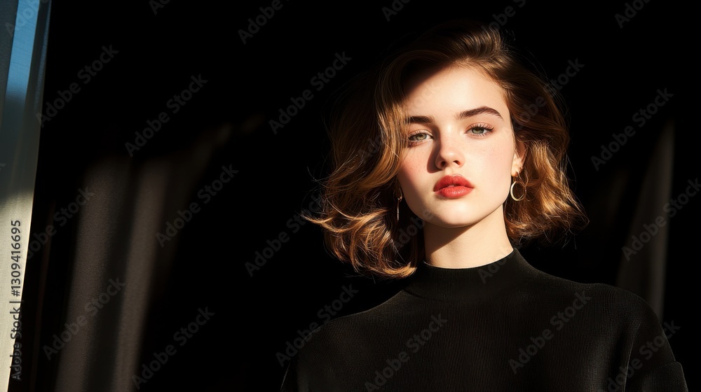 Naklejka premium Portrait of a young woman with short brown hair, wearing a black turtleneck, against a dark background.