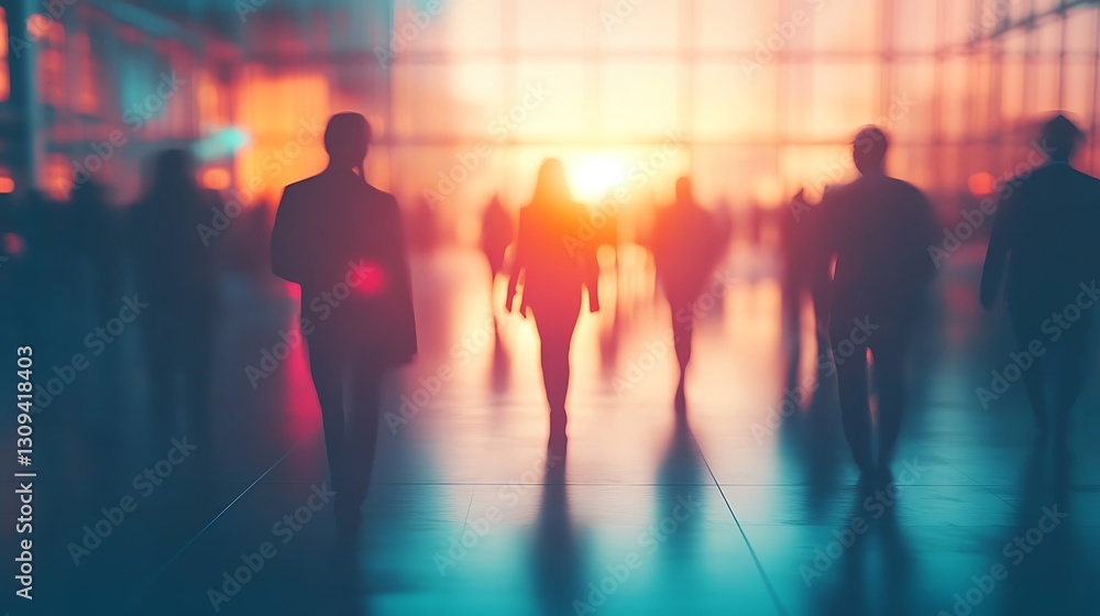 Silhouetted figures walking towards sunset in a modern building. Silhouetted figures walking towards sunset in a modern building.