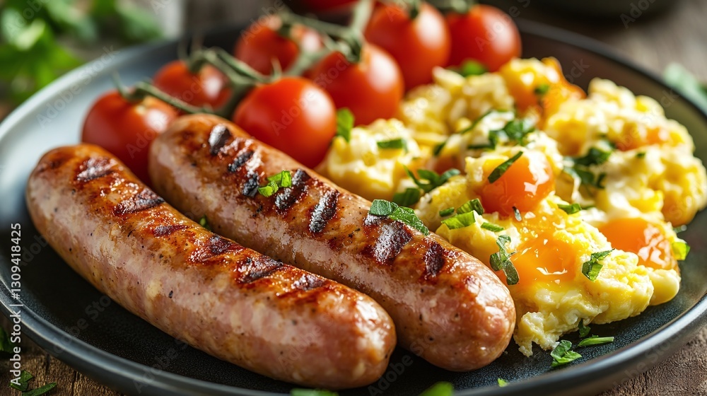 gourmet breakfast plate with grilled turkey sausages fluffy scrambled eggs and fresh tomatoes arranged beautifully for a savory protein packed morning dish gourmet breakfast plate with grilled turkey sausages fluffy scrambled eggs and fresh tomatoes arranged beautifully for a savory protein packed morning dish