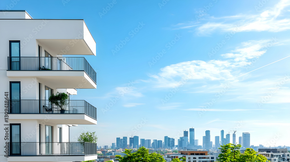 Obraz premium Modern Apartment Building With Balconies Overlooking City Skyline Under Bright Blue Sky
