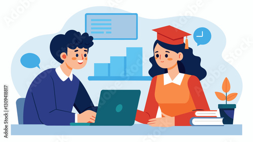 As the meeting concluded the loan officer reminded the student that she was always available for further questions or guidance even after the loan was. Vector illustration