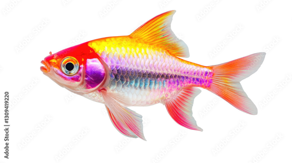 Fototapeta premium A fish with a pink and orange body and a blue tail