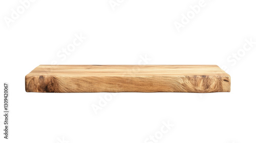 A wooden shelf is empty and sits on a white background