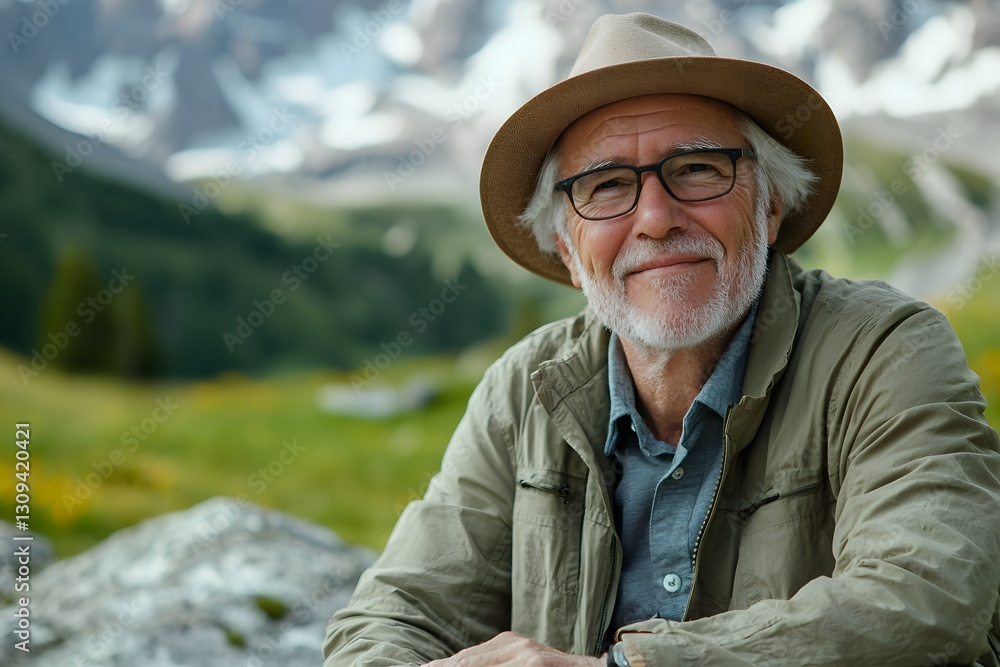 Senior man enjoying a peaceful moment in the mountains during his hike. Generative AI Senior man enjoying a peaceful moment in the mountains during his hike. Generative AI