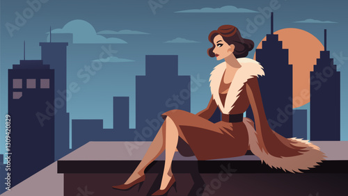 A model sitting on a rooftop wearing a vintage fur coat over a slip dress with the city skyline in the background.. Vector illustration