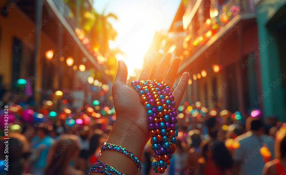 A celebratory Mardi Gras scene featuring a hand tossing beads into the air, with a lively crowd on a sunlit New Orleans street, capturing the spirit of the festival. A celebratory Mardi Gras scene featuring a hand tossing beads into the air, with a lively crowd on a sunlit New Orleans street, capturing the spirit of the festival.