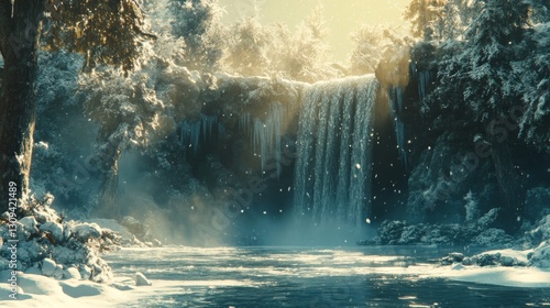 Snowy Waterfall In Winter Forest Landscape