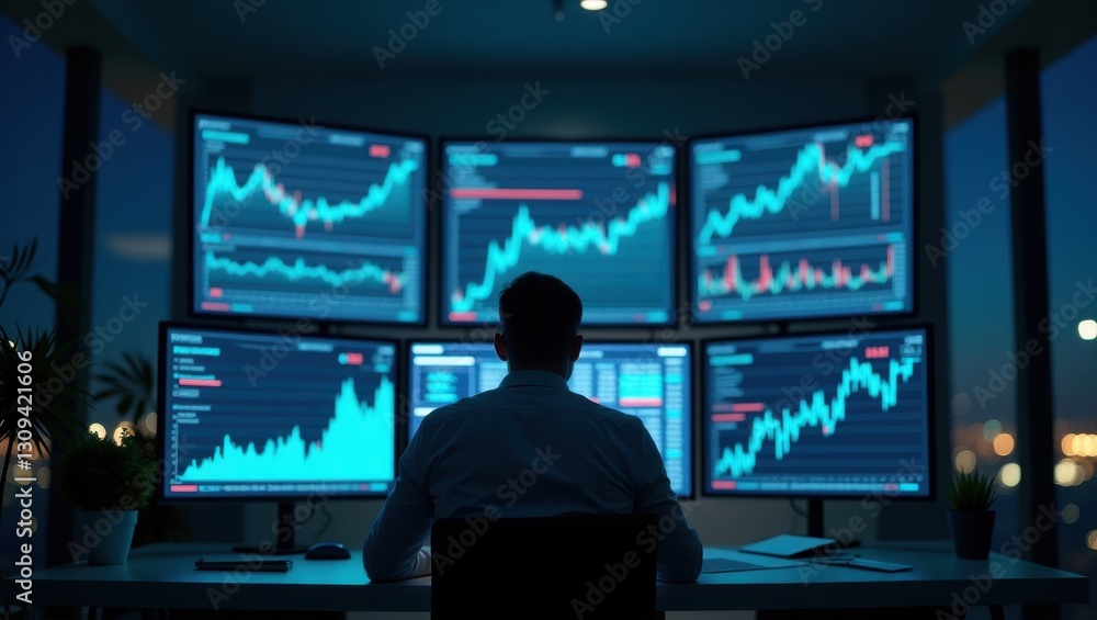 Financial analyst examines data trends during night shift in modern office Financial analyst examines data trends during night shift in modern office