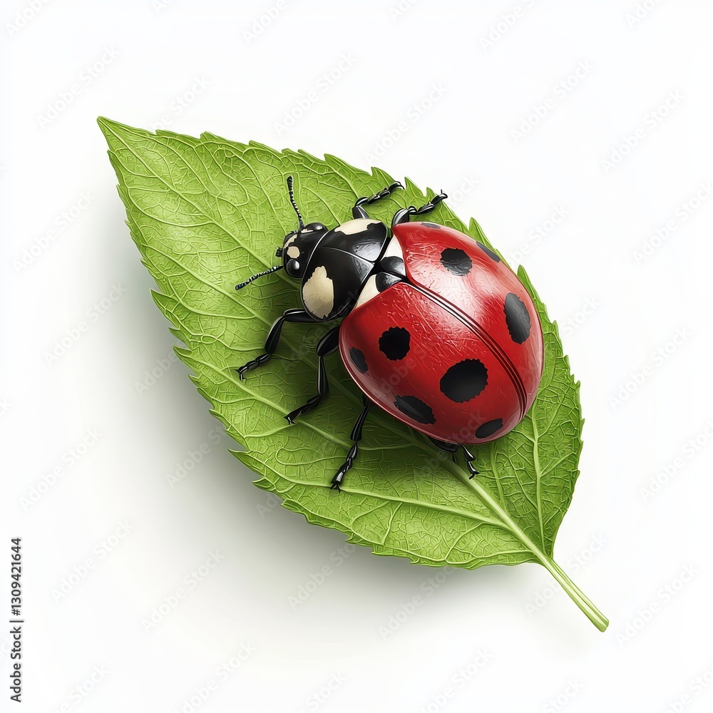 Fototapeta premium Realistic 3D Icon Cartoon of a Ladybug Crawling on a Fresh Green Leaf isolated on clear white background