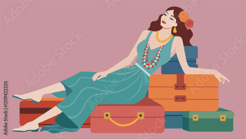 A model lying on a pile of vintage suitcases wearing a flowy bohemian dress and layering multiple necklaces for a unique look.. Vector illustration