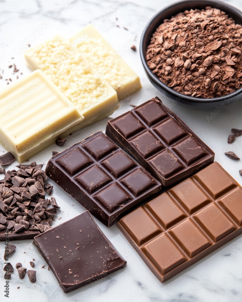 A group of different chocolate bars with varying cocoa percentages, informative style A group of different chocolate bars with varying cocoa percentages, informative style