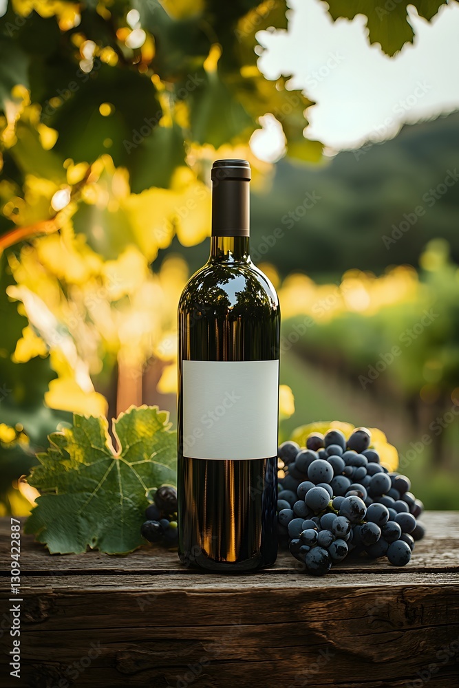 Fototapeta premium Elegant wine bottle beside fresh grapes in a sunlit vineyard setting. Generative AI