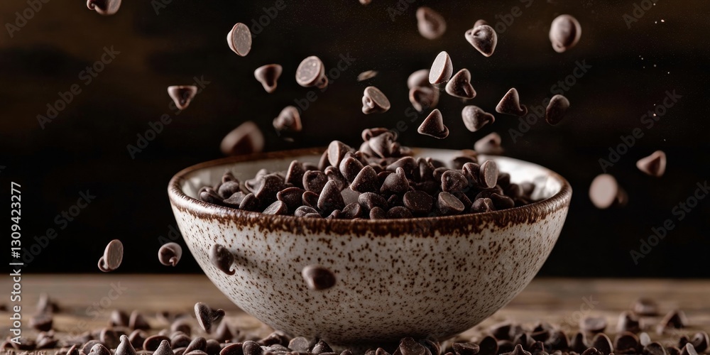 A high-speed capture of chocolate chips falling into a bowl, dynamic action shot