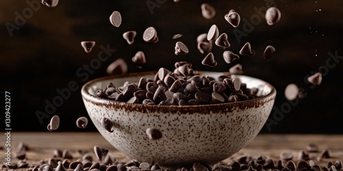 Obraz na płótnie A high-speed capture of chocolate chips falling into a bowl, dynamic action shot w salonie