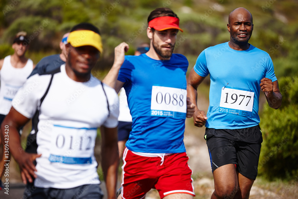 Fototapeta premium Marathon, men and running in group outdoor for fitness competition, endurance challenge and workout. Sports, runner and cardio exercise with race, performance and contest for healthy body or wellness
