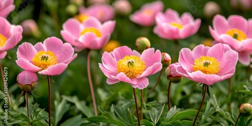 A vibrant collection of pink flowers blooms beautifully in a sunny garden. The petals show a lovely blend of colors. Nature inspired art. Perfect for floral designs or backgrounds. AI