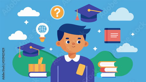 Cartoon image of a student navigating through different scholarship options. Vector illustration