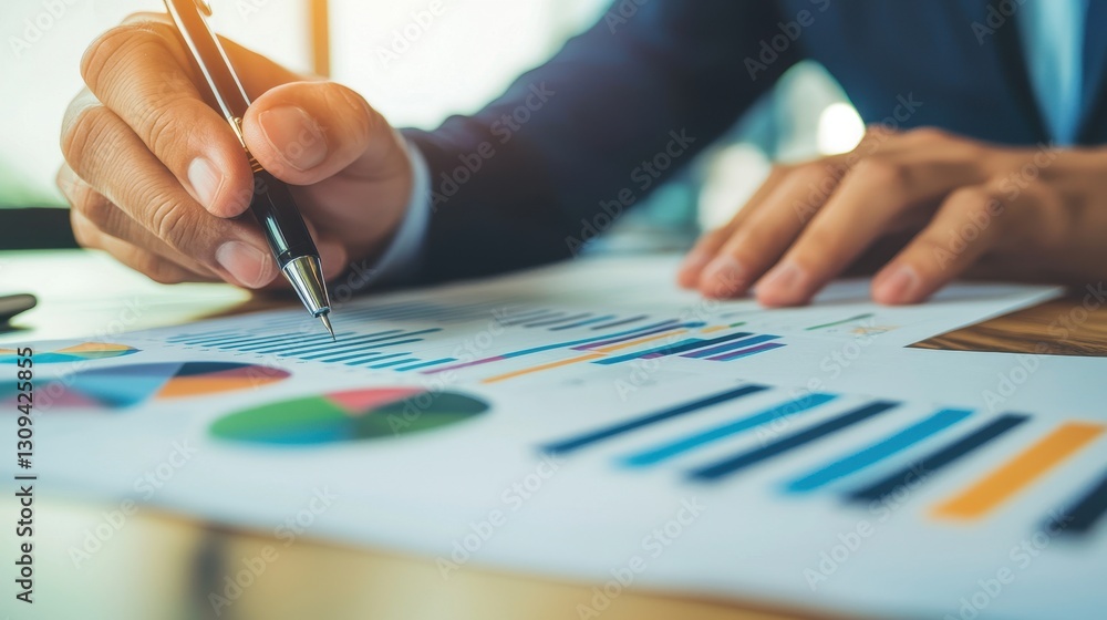 Business Professional Analyzing Financial Reports with Pen and Paper Business Professional Analyzing Financial Reports with Pen and Paper