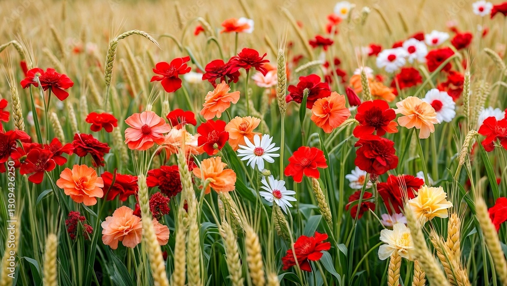 Vibrant red peach and white flowers in wheat field Vibrant red peach and white flowers in wheat field