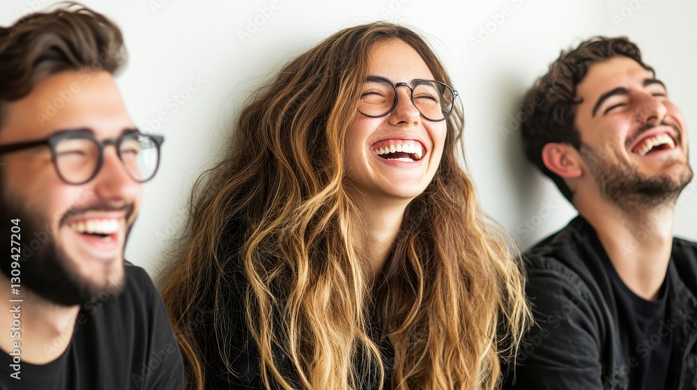 Joyful group of friends laughing together with bright smiles indoors Joyful group of friends laughing together with bright smiles indoors