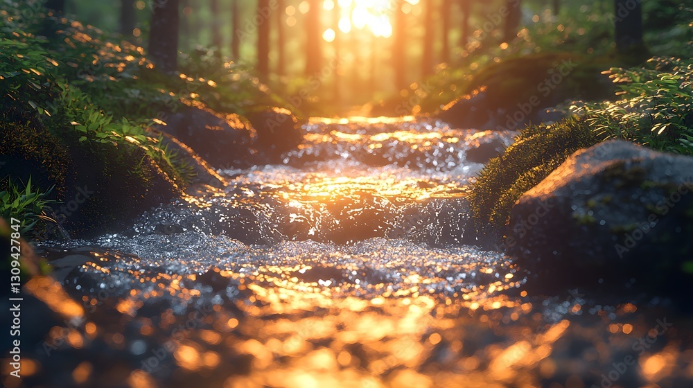 Sunlight bathes a forest stream creating a beautiful outdoor scene Sunlight bathes a forest stream creating a beautiful outdoor scene
