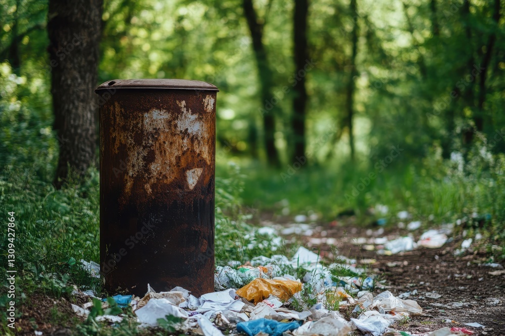 Rusty Trash Bin Surrounded by Litter in Lush Green Forest Pathway Rusty Trash Bin Surrounded by Litter in Lush Green Forest Pathway