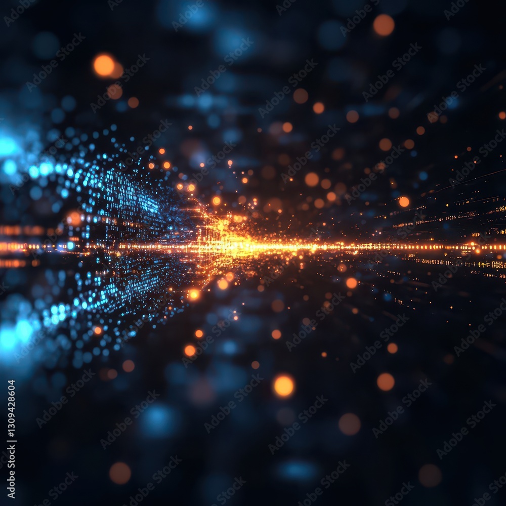 Obraz premium Quantum key distribution QKD visualized as a neonlit photon stream securing digital transactions