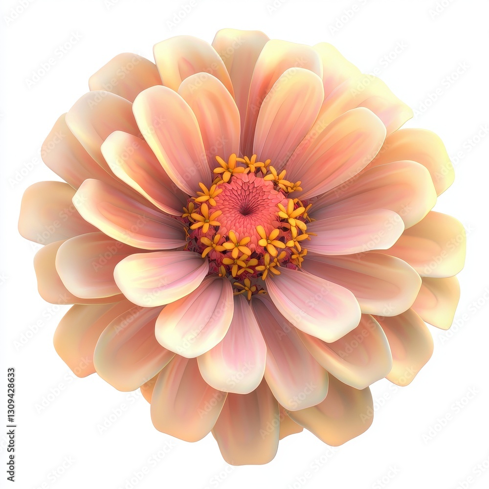 Realistic 3D Icon Cartoon of a Macro Shot of a Soft Pastel-Colored Zinnia Bloom isolated on clear white background Realistic 3D Icon Cartoon of a Macro Shot of a Soft Pastel-Colored Zinnia Bloom isolated on clear white background
