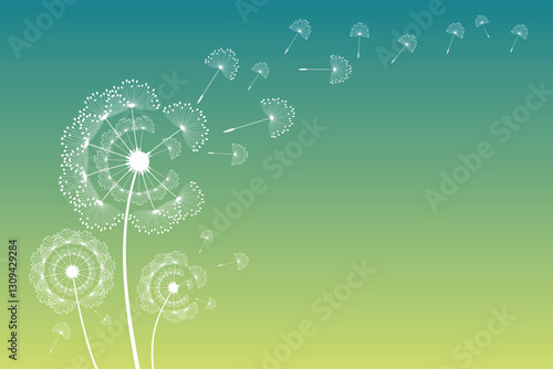 Vector illustration of dandelion time. Beautiful realistic Dandelion seeds blowing in the wind. The wind inflates a dandelion isolated in an editable evening background.