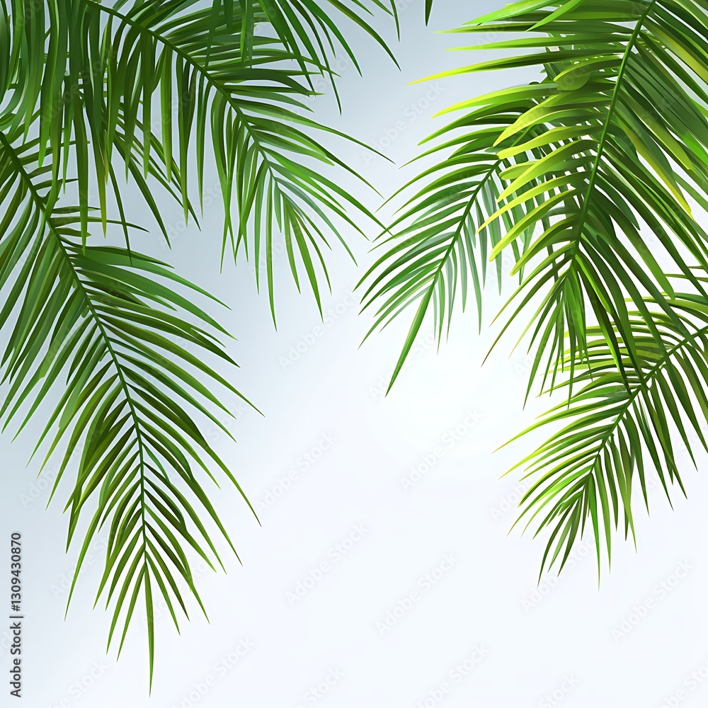 Fototapeta premium Lush green palm fronds against a light blue sky.