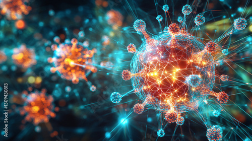 health immune routine. Vibrant digital illustration of virus structures in motion.