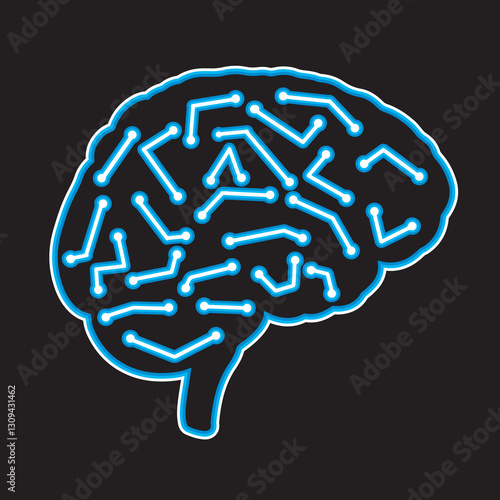 Brain representing computer chip connections. Flat design imitating neon light. Black background.