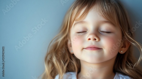 Serene portrait of a young child with closed eyes and gentle smile against soft blue background, capturing pure innocence and peaceful contentment in natural lighting.