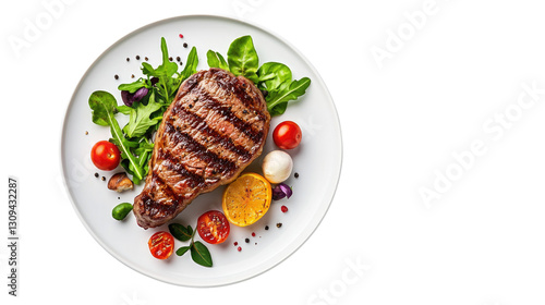 A plate of meat and vegetables with a grilled steak on top