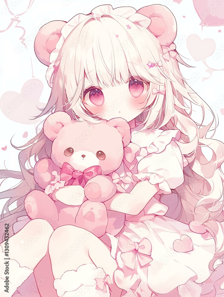Fototapeta premium Cute Anime Girl with Teddy Bear - Pink Kawaii Illustration