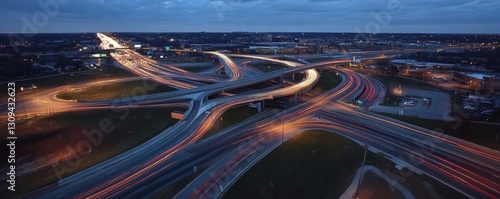 An elevated aerial view of a complex highway interchange at dusk photo