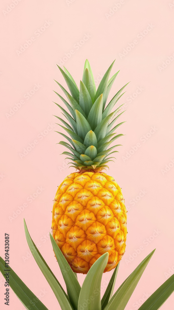Fototapeta premium Vibrant yellow pineapple with long green leaves on pale pink backdrop, delicious, dessert
