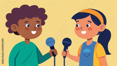 Two energetic kids chatting on a microphone discussing the latest trends and issues affecting their peers.. Vector illustration