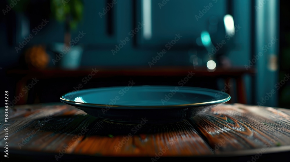 Obraz premium Elegant blue plate on rustic wooden table surface for gourmet dining presentations