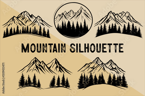 lack Mountain Silhouette Vector Bundle. Rocky Mountain Silhouette Vector with tree set.