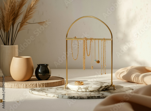 elegant gold jewelry display on minimalist stand