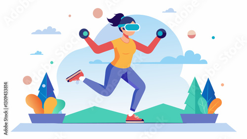 Trying out tingedge VR workouts and feeling the burn as you see your virtual self crushing the fitness challenges.. Vector illustration