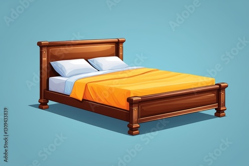 Wallpaper Mural illustration of a bed with a wooden frame and a yellow blanket Torontodigital.ca