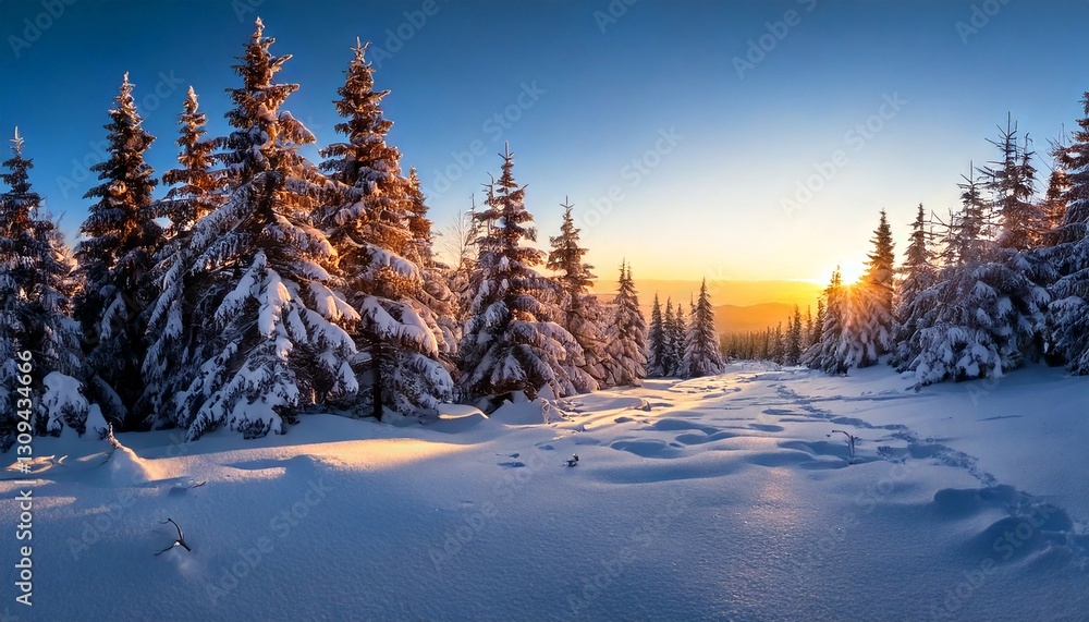 Naklejka premium snow-covered trees in a winter wonderland are illuminated by the first light of day.