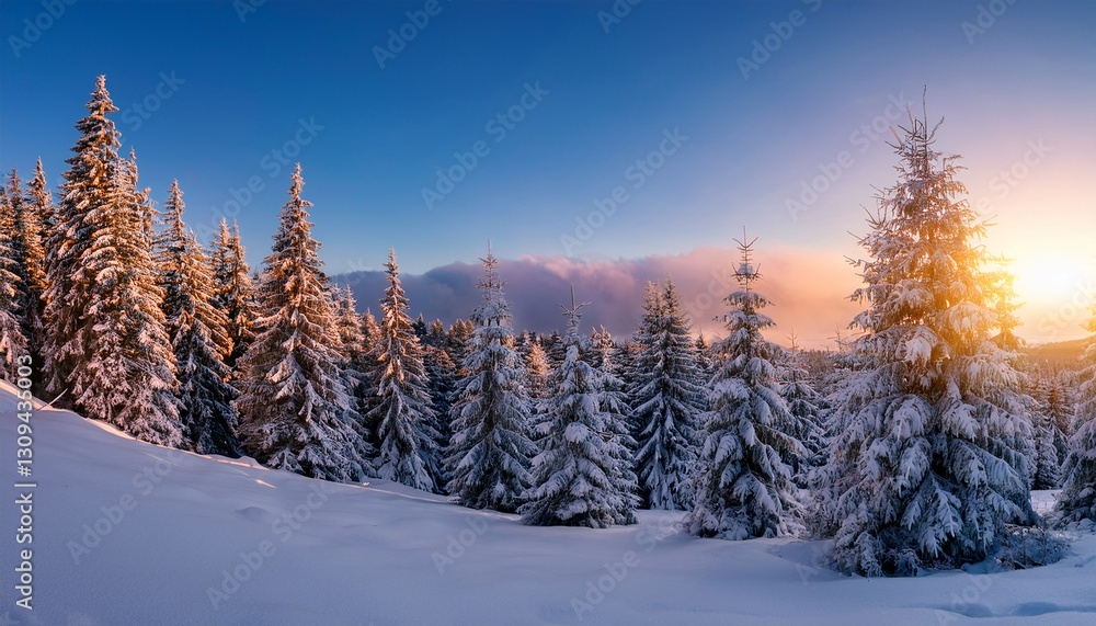 Fototapeta premium snow-covered trees in a winter wonderland are illuminated by the first light of day.