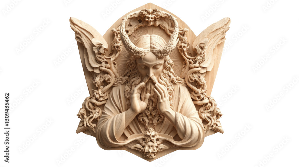 A wooden carving of a man with a beard and a crown A wooden carving of a man with a beard and a crown