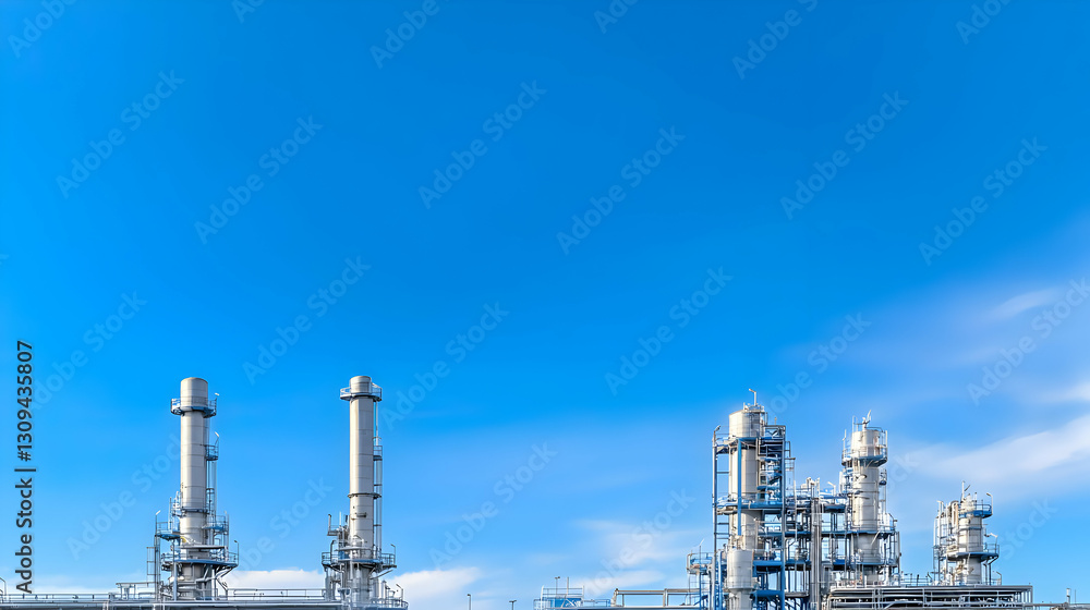 Industrial Factory Structures With White Towers and Blue Pipes Against a Clear Sky Industrial Factory Structures With White Towers and Blue Pipes Against a Clear Sky