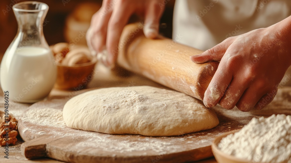 Fototapeta premium Rolling Dough for Homemade Bread with Milk and Ingredients on Wooden Table in Rustic Kitchen