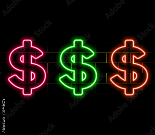Dollars sign illustration. USD currency symbol. Money label. Green neon icon in the dark. Blurred lightening. Illustration.