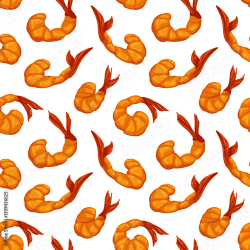 Fried shrimp seamless pattern. Vector hand drawn prawn illustration. Grilled shrimp delicious background. Simple graphic design for print, decor, wrapping, textile, web